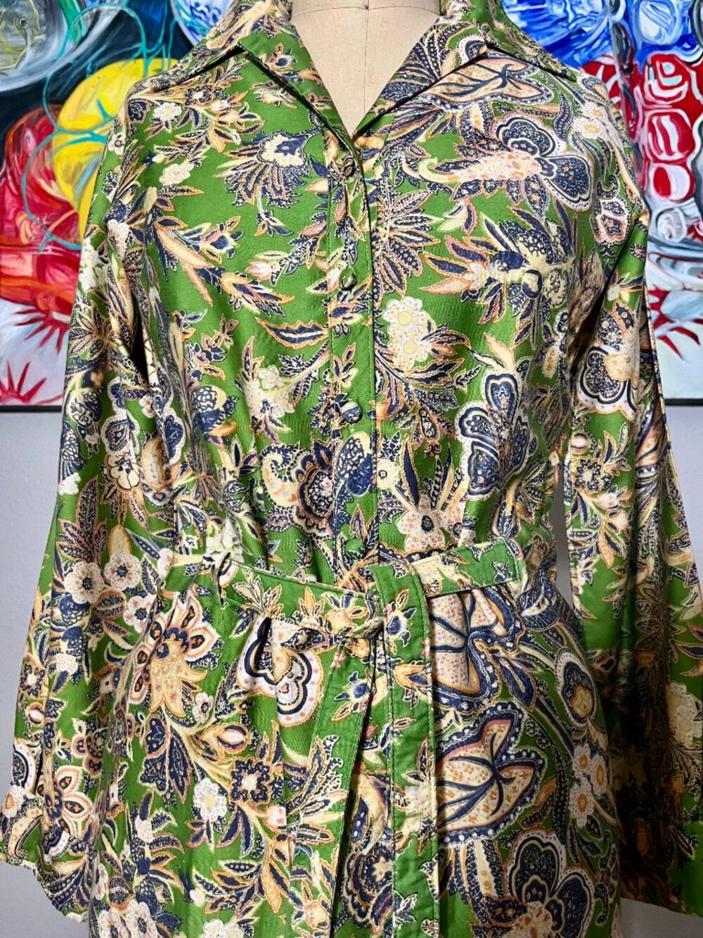 Lady Bayard Vintage Green Paisley Floral Belted Shirt Dress Midi 60s - Picture 3 of 8